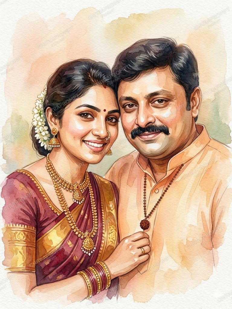 Indian Couple Watercolor Romance
