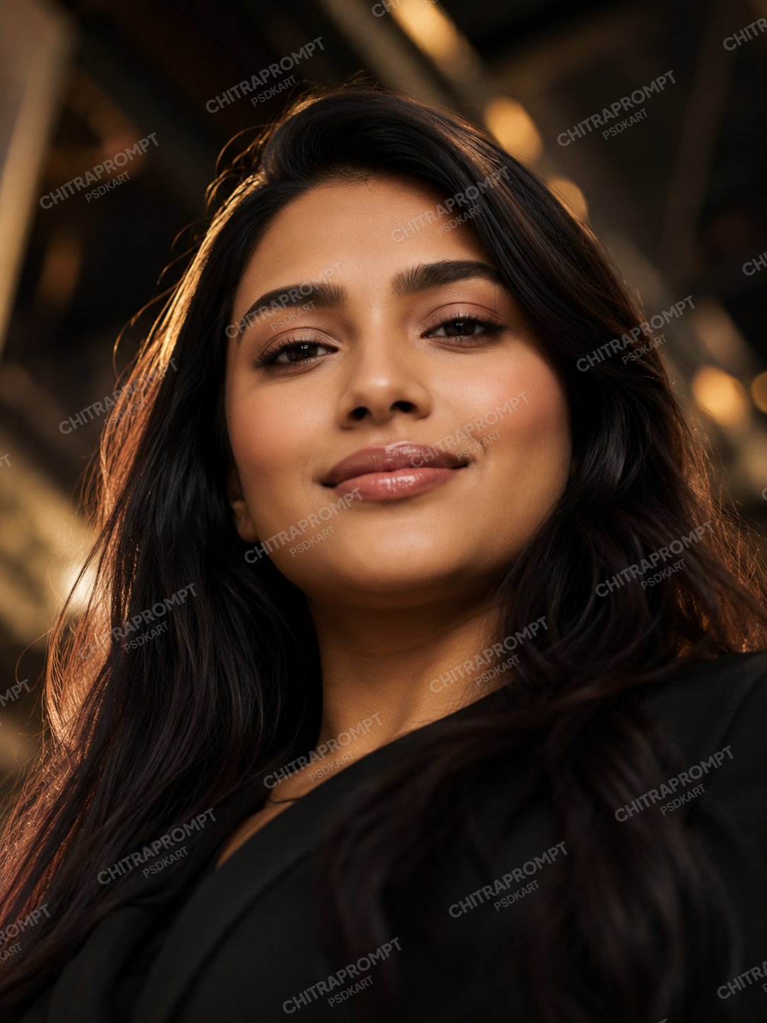 Low-angle close-up portrait of a confident young Indian woman with warm backlight and bokeh.