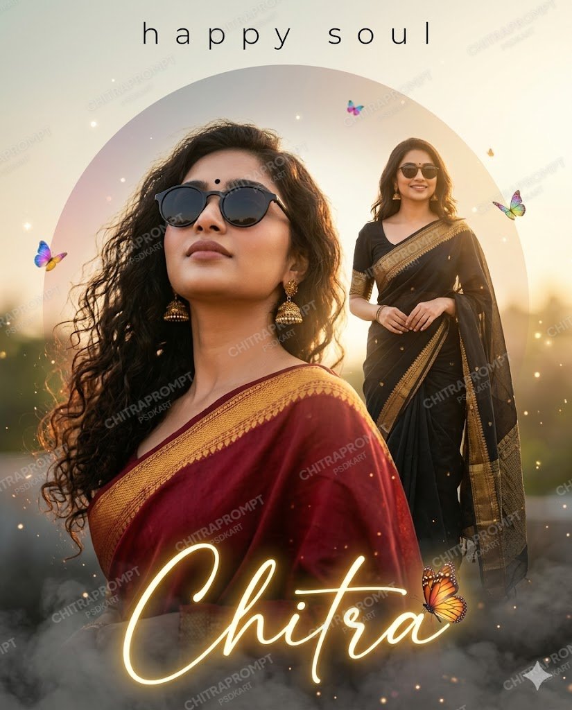 Cinematic poster design featuring an Indian woman in sunglasses with butterflies and golden hour lighting.