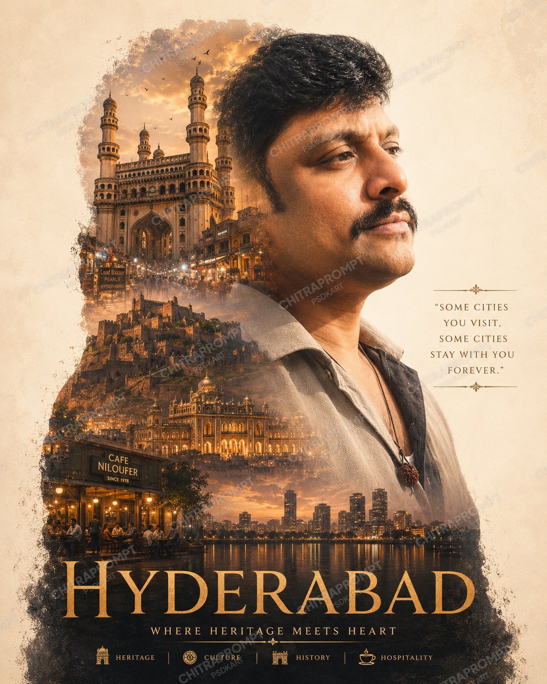 Professional Double Exposure Photo Effect – Charminar & Hyderabad Culture Banner