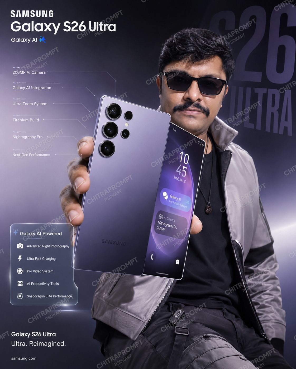 Futuristic Tech Product Poster Design – Samsung Galaxy S26 Ultra Concept Ad | Chitraprompt