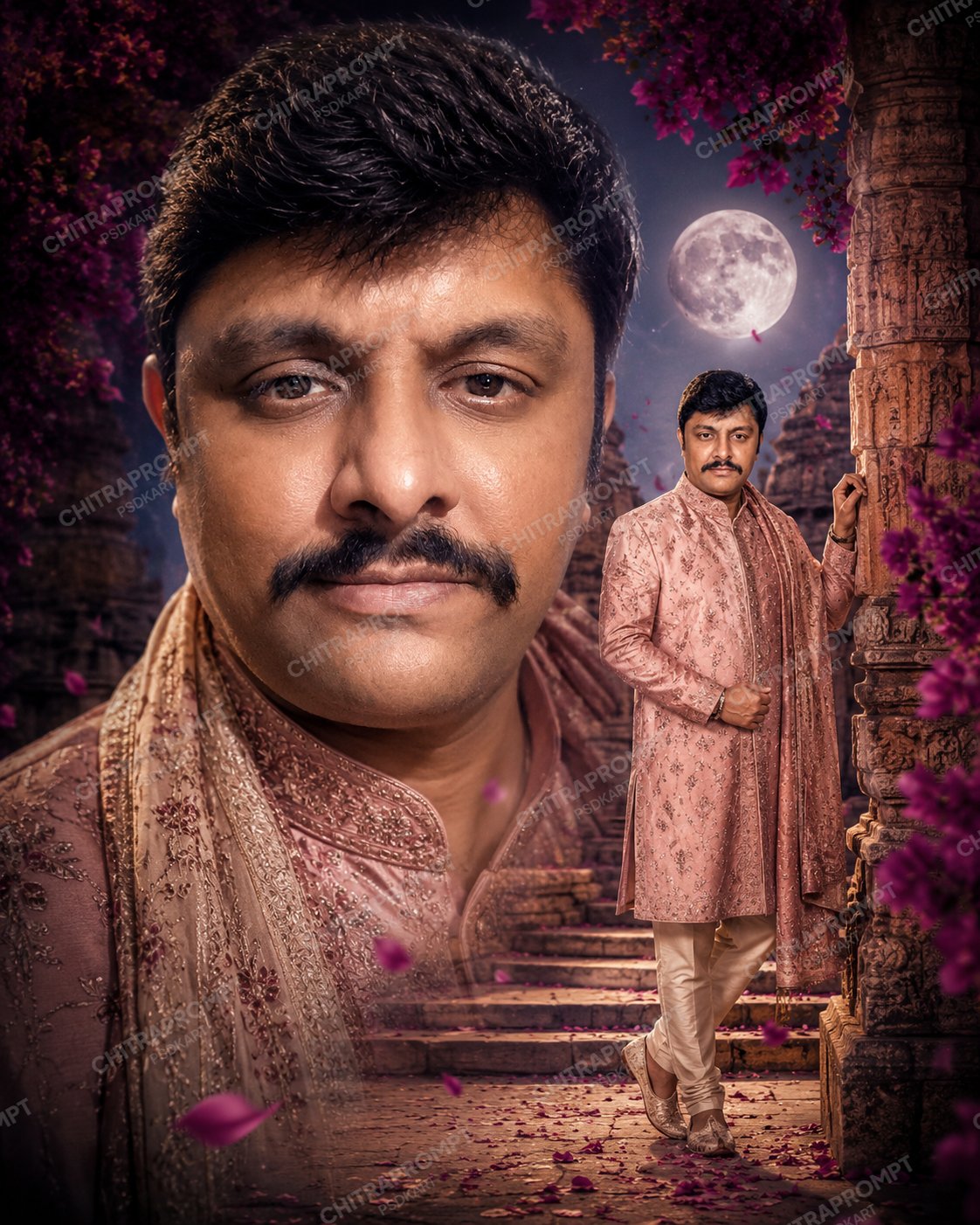 Professional Groom & Festive Fashion Photography Poster Design – Dreamy Full Moon Background